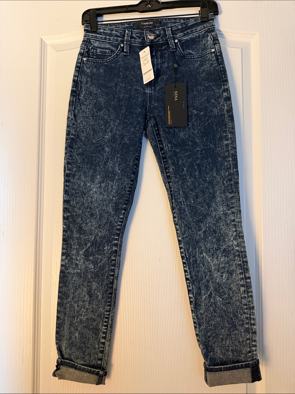 New Bebe Acid Wash Skinny Jeans - Dark Blue Sz 26.